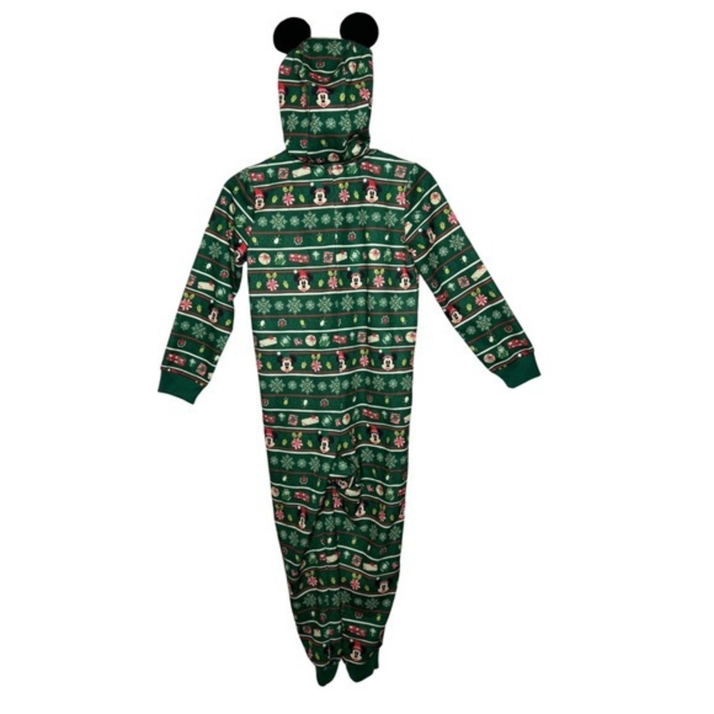Disney Mickey Mouse Kids Holiday Fair Isle Hooded One Piece Pajamas Green Sz 7/8